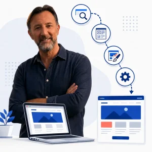 Francesco De Leo accanto al sito web professionale realizzato nel percorso Presenza Online con Francesco, con le fasi del metodo: ricerca, struttura, design e pubblicazione